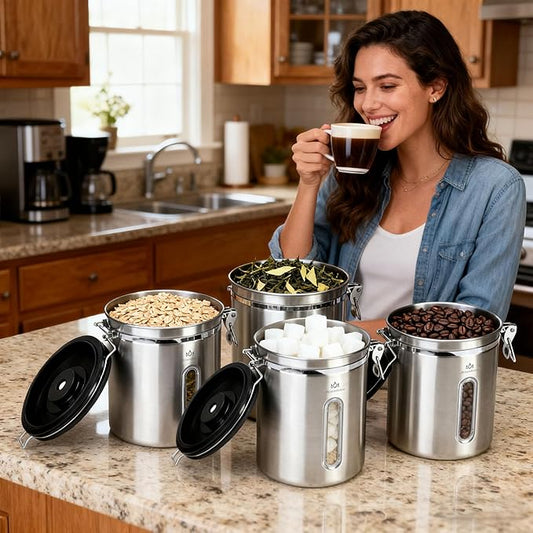 35OZ Airtight Coffee Canister with Lid - 304 Stainless Steel Kitchen Food Storage Container with Window, Date Tracker & Spoon, Suitable for Coffee Beans, Ground Coffee, Tea & Sugar