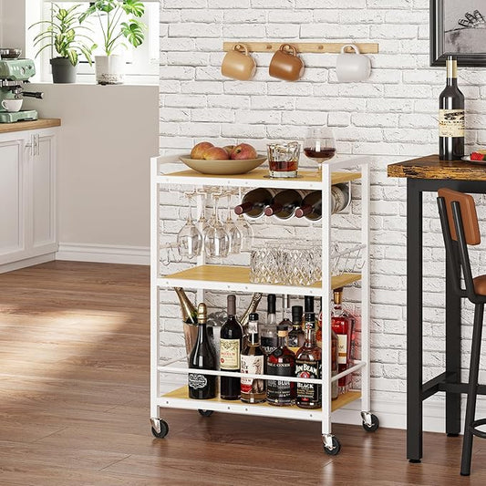 TUTOTAK Bar Cart, Serving Cart for Home, Microwave Cart, Drink Cart, Mobile Kitchen Shelf with Wine Rack and Glass Holder, Rolling Beverage Cart BC01BOW030