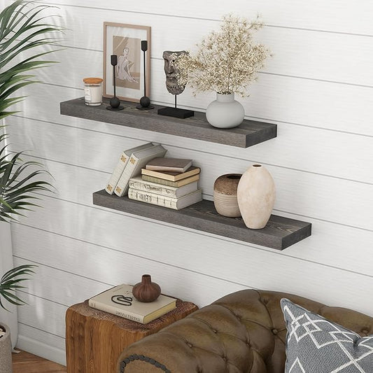 Marsmiles Floating Shelves for Wall - Small Grey Wood Floating Shelves Set of 2-16 Inch Wide x 7.7 Inch Deep x 1.6 Inch Thick Rustic Grey Wooden Shelves for Room Wall