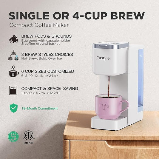 Tastyle Single Serve Coffee Maker, Iced and Hot Coffee Machine for K Cup & Grounds, Compact Design, 40oz Removable Water Reservoir, 6 to 24 Oz Brew Sizes, Fits 7.3" Travel Mug, White