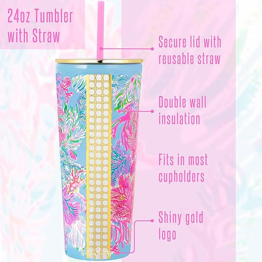 Lilly Pulitzer Double Wall Tumbler with Lid and Reusable Straw, Insulated Travel Cup Holds 24 Ounces, Cay to My heart