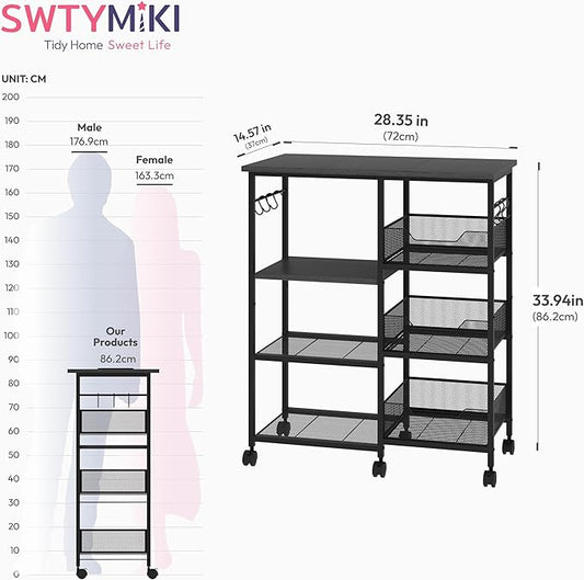SWTYMIKI Kitchen Island Cart on Wheels - 28.35x14.57in Rolling Kitchen Table Cart with Storage Shelves, 6 Removable Hooks& Locking Casters, Coffee Bar Cabinet for Dining Room Pantry Office, Black