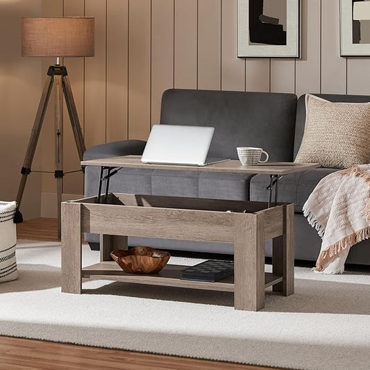 Yaheetech Lift Top Coffee Table with Hidden Compartment and Storage Shelf, Rising Tabletop Dining Table for Living Room Reception Room, 38.6in L, Grey