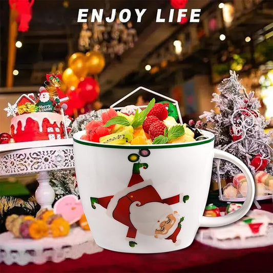 Merry Christmas Coffee Mug Huge Novelty Cup Funny Ceramic Soup Bowl with Handle, 30 oz Wide, Multi-purpose, Santa Mug for Co-workers, Friends, Holiday Decor, White Green Letters
