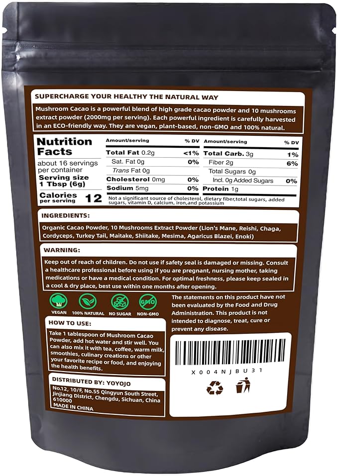 Mushroom Cacao Mix, Organic Raw Cacao with 10 Mushrooms Powder, Non-GMO, Vegan, Gluten Free, Unsweetened Hot Chocolate Natural Supplement, 3.53oz