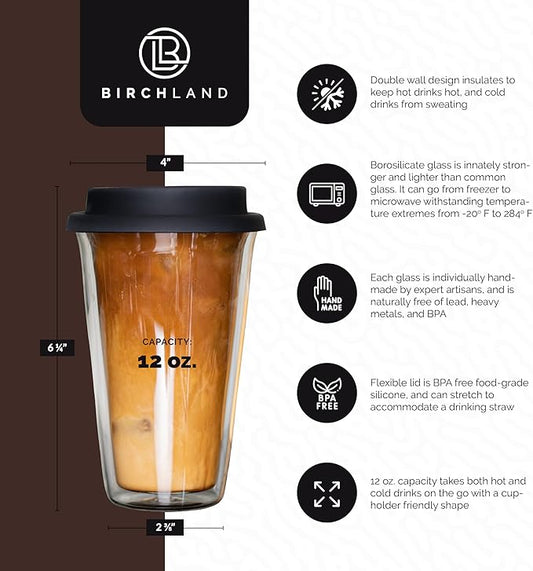 2-Pack Insulated Glass Travel Mugs, 12 oz, Double Wall, Reusable Coffee Cups with Lids, BPA Free