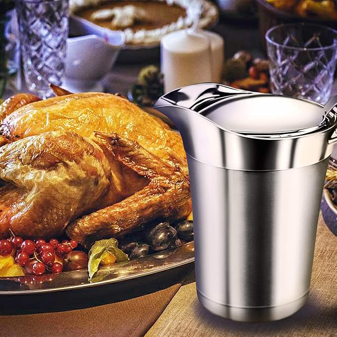 Gravy Boat 26oz Extra Large Double Insulated 304 Stainless Steel, Gravy Warmer, Double Wall Creamer Pitcher and Caramel Sauce for Coffee, Stainless Steel Pitcher