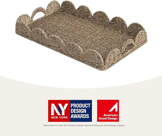 StorageWorks Large Wicker Scalloped Edge Serving Tray, Rectangle Tray with Built-in Handles, Hand-Woven Scalloped Rattan Tray, Wicker Trays for Décor, Natural Seagrass