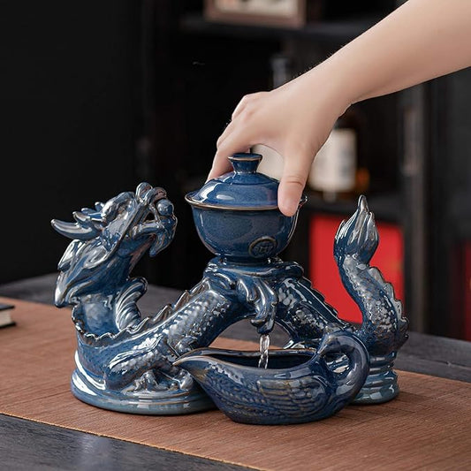 Ceramic Teapot with Infuser Semi Automatic Tea Set Magic Teapot with 8 cups Gradient Color (Blue Dragon- A)