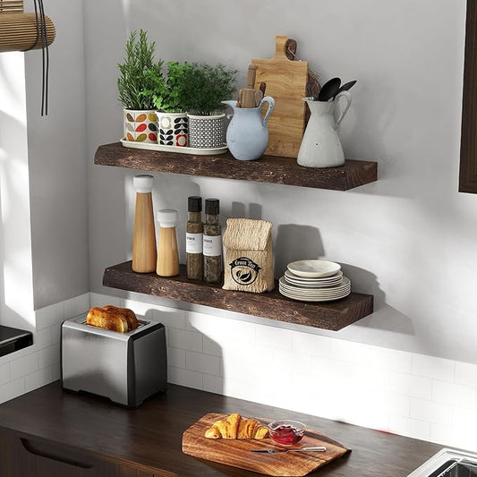30 Inch Floating Shelves for Wall, Solid Elm Wood Live Edge Floating Shelves for Bedroom Living Room Bathroom, Wall Mounted Wooden Shelf with Invisible Bracket for Books Decor Storage, Walnut