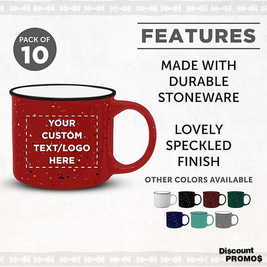 DISCOUNT PROMOS Custom Ceramic Campfire Coffee Mugs 13 oz. Set of 10, Personalized Bulk Pack - Perfect for Tea, Espresso, Cappuccino, Hot Cocoa - Red
