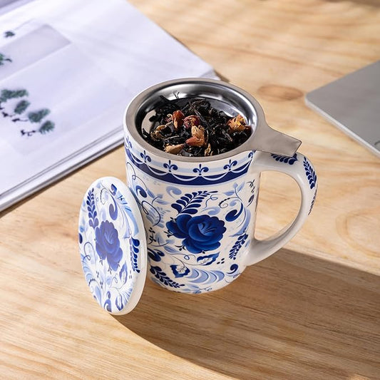 GBhome Tea Mug with Infuser and Lid, 18 Ounce Large Ceramic Loose Leaf Cup, Microwave, Dishwasher Safe, Perfect For Tea Lovers