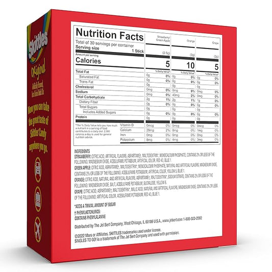 SINGLES TO GO! Skittles Variety Pack, Watertok Powdered Drink Mix, Zero Sugar, Low Calorie, Includes 4 Flavors: Green Apple, Strawberry, Grape, Orange, 1 Box (30 Single Servings)