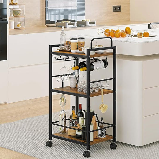 Bar Cart for The Home, 3 Tier Kitchen Carts with Wheels, Small Rolling Cart with Glass Holders, Wine Rack, Mini Bar Cart for Kitchen, Dining room, Living Room, 13.0"D x 17.0"W x 33.8"H, Rustic Brown