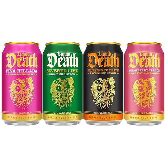 Liquid Death Soda-Flavored Sparkling Water - Modern Variety, Less Sugar*, Huge Flavor, No Caffeine, No Artificial Sweeteners, 4 Flavors: Lime, Orange, Strawberry, Piña Killada 12 Fl Oz (Pack of 12)