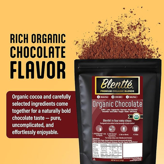 Blentte - Organic Chocolate Mix – Vegan Cocoa Powder for Coffee, Latte, Smoothies & Shakes – Dairy-Free, Gluten-Free, Non-GMO Blend with Cane Sugar & Rich Dutch Cacao – Resealable Pouch – 10 oz