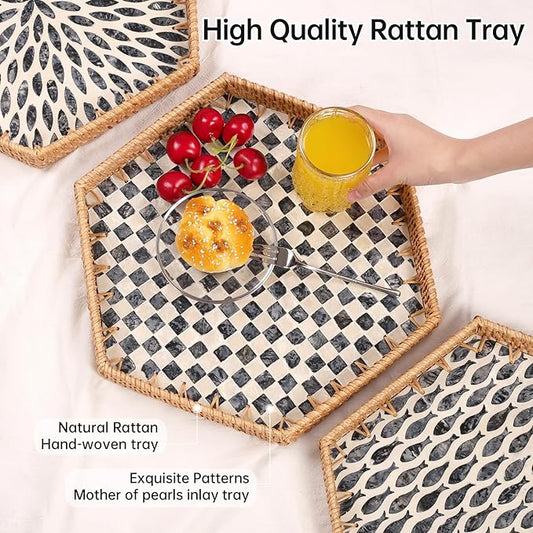 Hexagon Rattan Tray with Mother of Pearl Inlay, Rattan Serving Tray for Coffee, Bread, Fruits, Snacks, Decorative Wicker Tray for Table Decor, Home Decor (Black Checker, 14.5"×12.8")