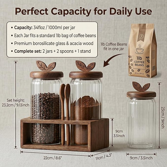 Coffee Bar Glass Canister Set – 2 × 34 floz Airtight Glass Jars with Acacia Wood Lids, 2 Acacia Wood Spoons & Acacia Organizer Tray