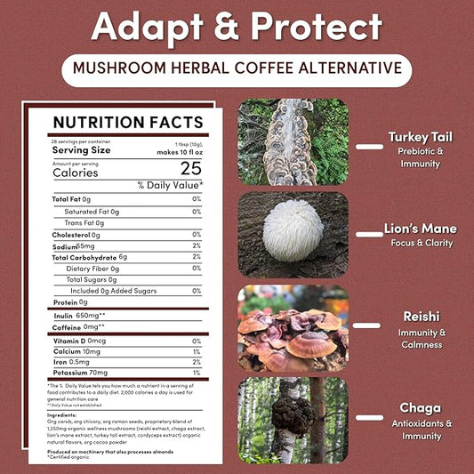 Teeccino Miraculous Mushrooms Adapt & Protect Coffee Alternative, 10 Oz – 5 Organic Adaptogenic Mushrooms with Chicory & Cacao, Caffeine Free, Prebiotic, Acid Free, All-Purpose Grind
