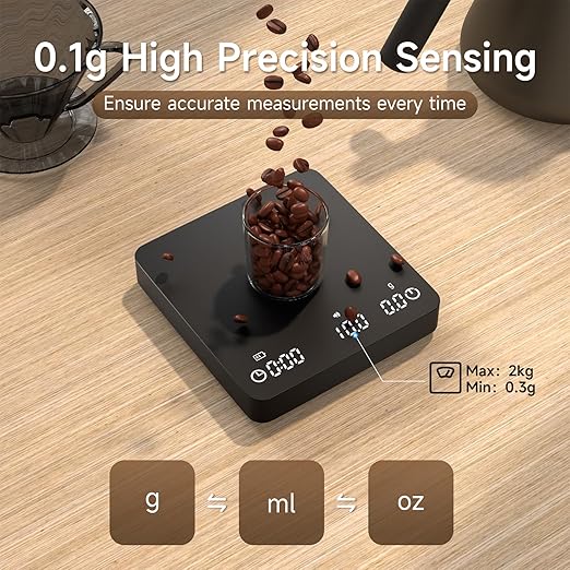 Digital Coffee Scale, 2kg/0.1g High Precision Mini Espresso Coffee Scale with Timer, Rechargeable, for Espresso and Pour-Over Coffee