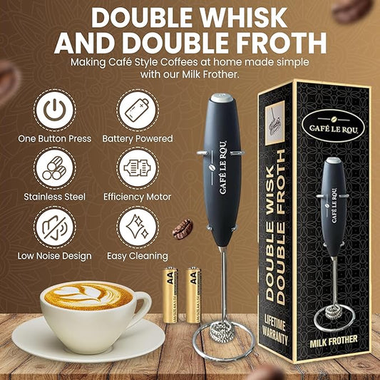 Cafe le Rou Milk Frother Handheld Battery Operated -* DOUBLE WHISK * with Stand. Batteries included. Electric Foam Maker, Drink Mixer with Stainless Steel Whisk