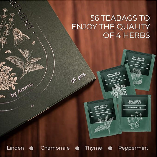 ACORUS Herbal Selection Tea Set, Natural Herbal Tea Variety Pack, Assorted Tea Box, Tea Gift Set of 4 Different Teas, Herbal Tea Sampler of 56 Tea Bags Individually Wrapped