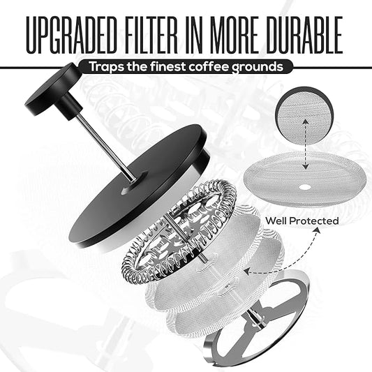 Utopia Kitchen 304 Grade Stainless Steel French Press Coffee Maker 21 Oz, Double Wall Insulated Coffee Press with 4-Level Filtration system, Include 2 Extra Filters, Rust-Free, Black