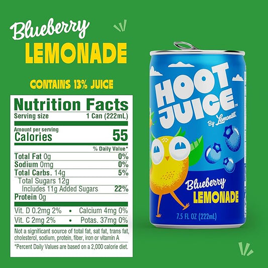 Hoot Juice Lemonade By Lemonati, No Artificial Sweeteners or Flavors, Gluten-Free, Kosher, Non-GMO, Vegan, 7.5 Fl Oz Mini-Cans, Pack of 24, Blueberry