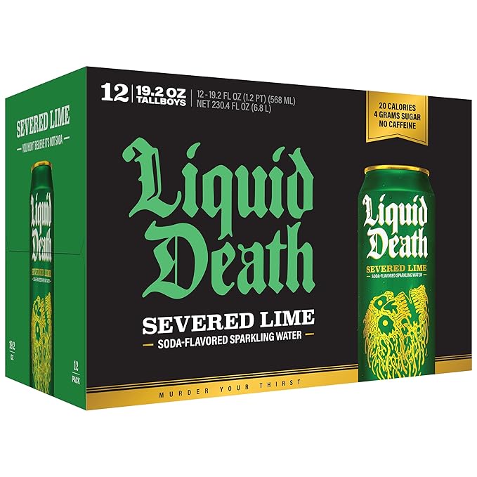 Liquid Death Soda-Flavored Sparkling Water - Severed Lime (Classic Lime Soda), Less Sugar*, Huge Flavor, No Artificial Sweeteners, King Size 19.2 Fl Oz (Pack of 12)