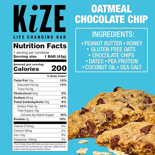 KiZE Energy Bars - Oatmeal Chocolate Chip - Gluten Free, Dairy Free, Non-GMO, and High Protein Meal Replacement Energy Bars, Clean and Simple Food Ingredients - 7g High Protein Snacks, (10 Count)
