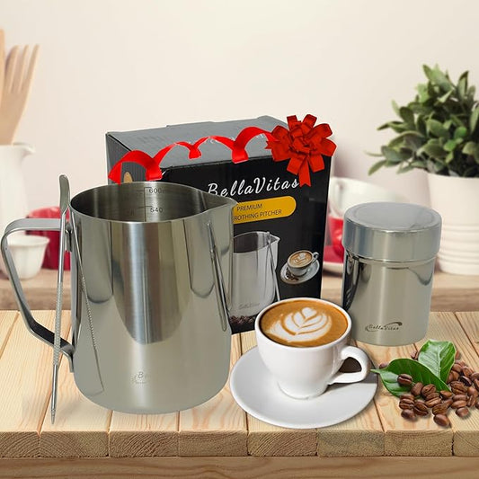 Milk Frothing Pitcher Set 20oz/600ml, 304 Stainless Steel Milk Frother Cup with Cocoa Shaker, Latte Art Pen, Stencils, Espresso Machine Accessories & Coffee Barista Tools Latte Pitcher Gift