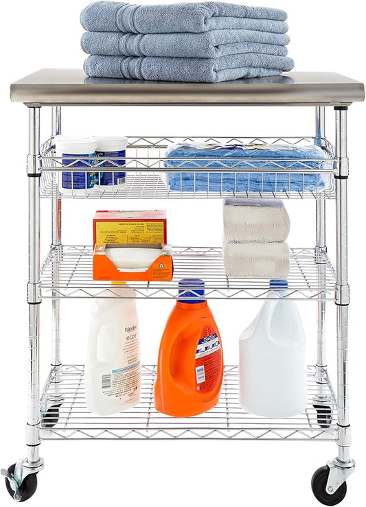 Seville Classics Commercial Work Table Island Utility Cart Prep Station, for Restaurant, Kitchen, Warehouse, Garage, Hotel, Home, Stainless-Steel Top NSF , 30" W x 20" D