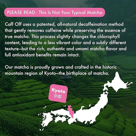 Caff Off Decaf Strawberry Matcha Green Tea Powder From Japan – 3.52 oz / 100 g – Ceremonial Grade & Sugar-Free – No Fillers or Milk Powders – Naturally Decaffeinated Without Chemicals – Tested for Heavy Metals – First Harvest, Shade-Grown & Caffeine-Fr...
