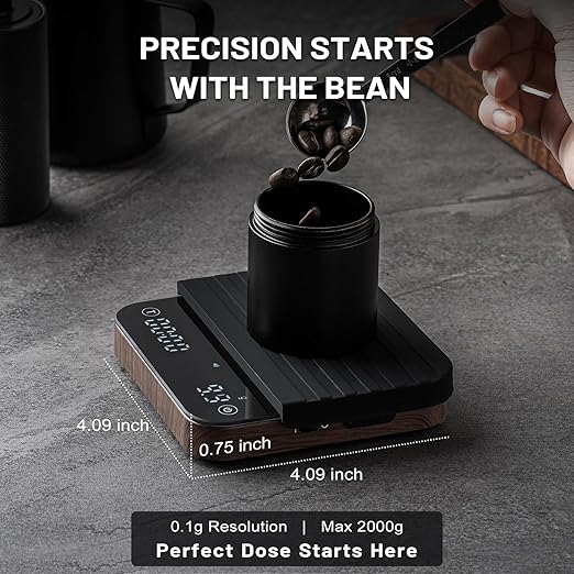 KitchenTour CaféMetric Coffee Scale with Timer 0.1g/2000g - Precision Small Scale for Espresso & Pour Over - Mini Scale with LED Display (Wood, Rechargeable)