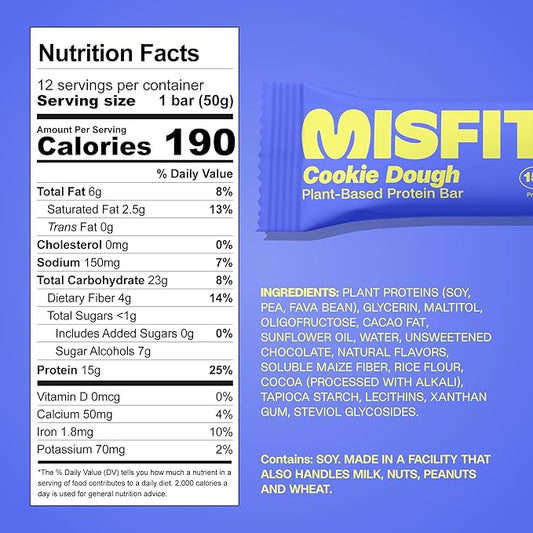 Misfits Vegan Protein Bars - Chewy Cookie Dough | Nutrition Bars - 15g Protein, 1g Sugar, Plant-based, Low Carb, Non-GMO, Gluten Free Snacks | Pack of 12