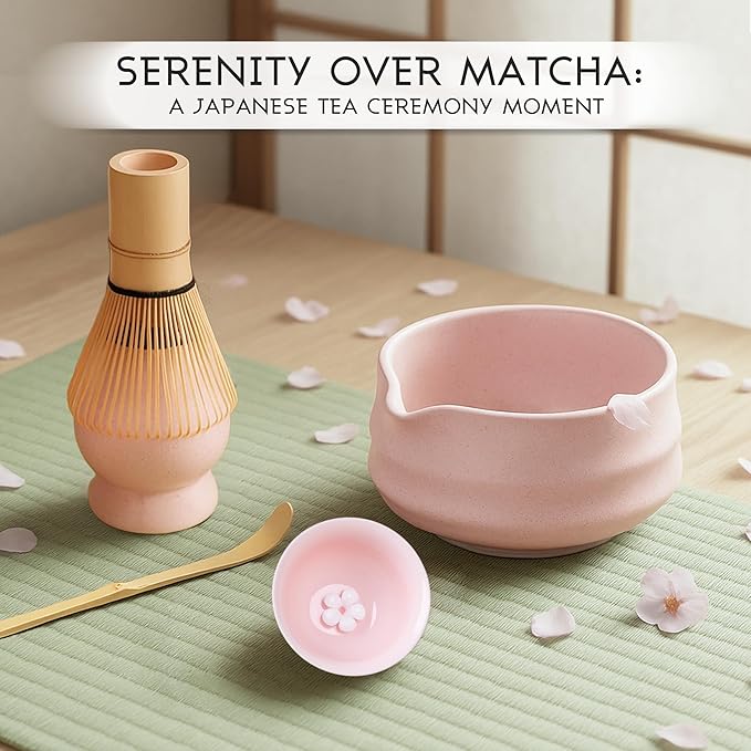 Matcha Whisk Set, 8-Piece Pink Matcha Set with Ceramic Bowl, Bamboo Whisk, Sifter, Large Mat and More ā Complete Matcha Kit with Gift Box for Matcha Lovers
