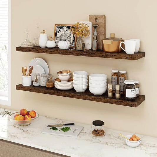 48 Inch Floating Shelves, 9.3" Deep Floating Shelf Wall Mounted, 48" Wall Shelves, Rustic Deep Bookshelf, Large Display Shelves & Storage Shelves for Bedroom, Living Room, Brown, Set of 1