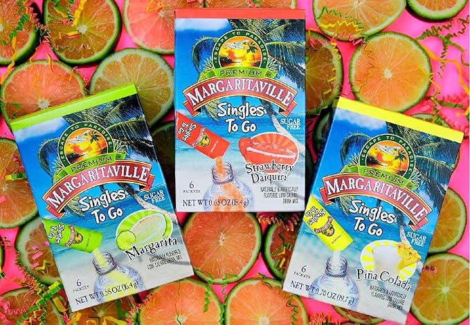Margaritaville Singles To Go Water Drink Mix - Margarita Flavored, Non-Alcoholic Powder Sticks (3 Boxes with 6 Packets Each - 18 Total Servings)