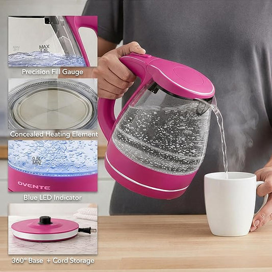 OVENTE Electric Kettle, 1.5L Borosilicate Glass Countertop Water Heater and Boiler for Coffee or Tea, BPA-Free, Auto Shut-Off, Boil-Dry Protection, Removable and Washable Spout Filter, Pink KG83F