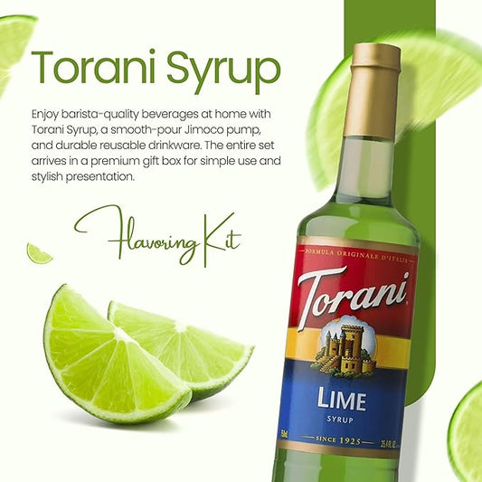 Jimoco Barista Set – Torani Lime Syrup 25.4 oz, Jimoco Pump, Reusable Cup, Straw & Stirrer – Coffee, Italian Soda & Cocktail Flavoring Kit