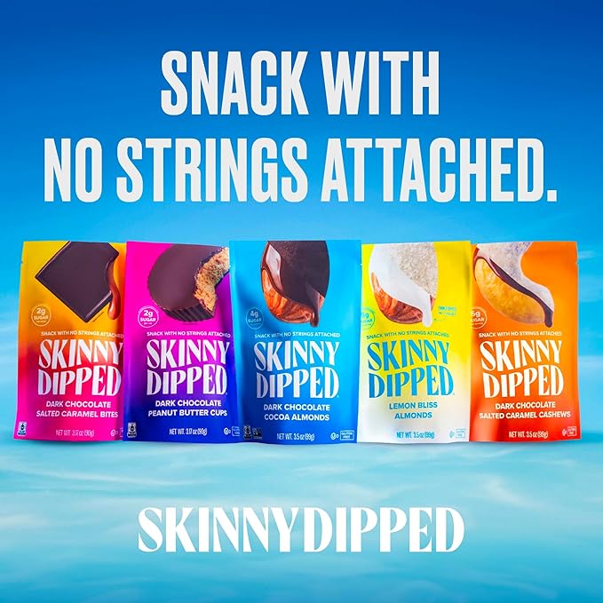 SkinnyDipped Dark Chocolate Salted Caramel Bites, 2g Sugar per Piece, Keto Friendly, Low Calorie Gluten Free, 4 Pack