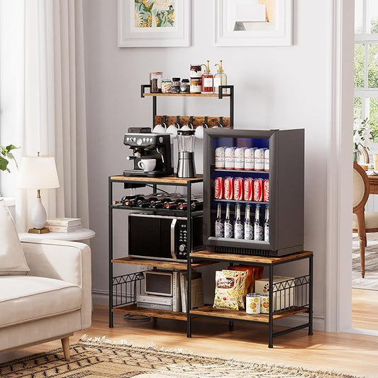 Portin Kitchen Shelf Bakers Rack with Power Outlet, Mini Fridge and Microwave Stand Coffee Bar Table with S-Hooks, Storage Shelf Rack for Spices, Pots and Pans - Rustic Brown