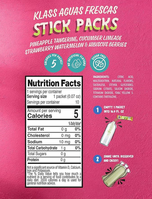 Klass Aguas Frescas, Powdered Drink Mix Variety Pack, 40 Singles Zero Sugar & Caffeine-Free Powder Packets, Water Drink Mix, Flavors: Cucumber Limeade, Strawberry Watermelon, Hibiscus Berries & Pineapple Tangerine - 5 Calories Per Packet & Natural Flavors
