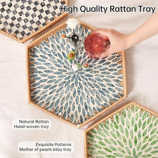 Hexagon Rattan Tray with Mother of Pearl Inlay, Rattan Serving Tray for Coffee, Bread, Fruits, Snacks, Decorative Wicker Tray for Table Decor, Home Decor (Light Blue Leaves, 14.5"×12.8")