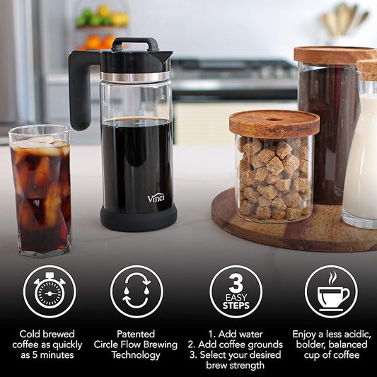 VINCI Express Cold Brew, Electric Cold Brew Coffee Maker in 10 minutes, Glass Carafe, 3 Brew Strength Settings & Cleaning Cycle, Easy to Use & Clean, Cold Brewer for Iced Coffee, 1.4 L Dial Control