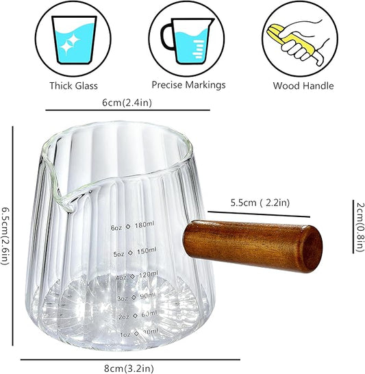 JINLIFA 6oz Glass Espresso Shot Measuring Cup - V-Shaped Mouth, Wood Handle, oz & ml Markings
