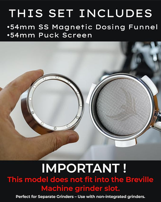 KNODOS 54mm Espresso Dosing Funnel and Puck Screen Set Magnetic Coffee Dosing Ring And Filter for Portafilters Compatible with 54 mm Breville Portafilter Basket Premium Espresso Machine Accessories