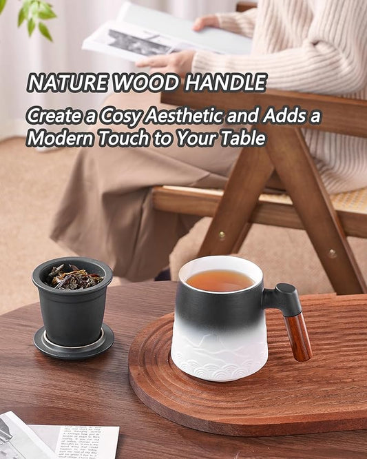 ZENS Tea Mug with Infuser and Lid for Loose Leaf Tea Steeper, 16.9oz Embossed Ceramic Tea Cup with Fine Strainers, Wood Handle Large Diffusers Mugs for Tea Lovers Gifts