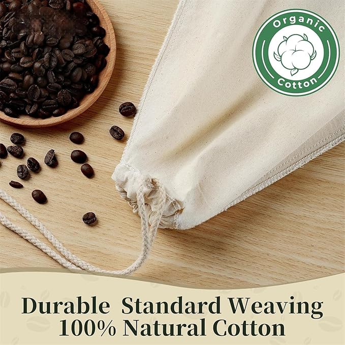 Ekoama Reusable Organic Cotton Cold Brew Coffee Filter Bag for Home Brewing Multi Purpose Washable Strainer Bag