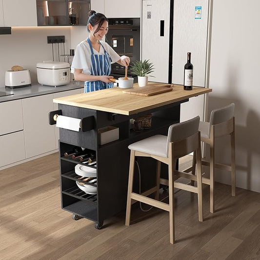 Rolling Mobile Kitchen Island with Storage and Drop Leaf, Island Table with Countertop Power Socket and Wheel (Black, Model 1)